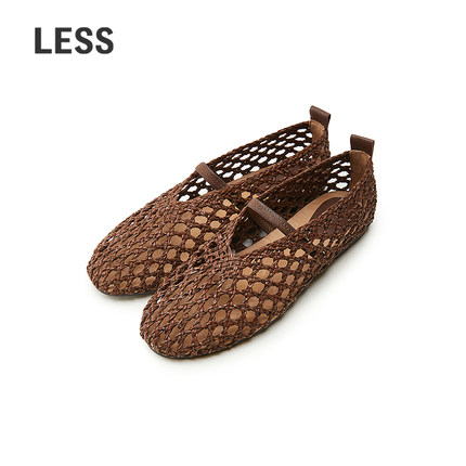 LESS夏季复古镂空平底凉鞋女编织浅口一字带玛丽珍单鞋3P4M10220