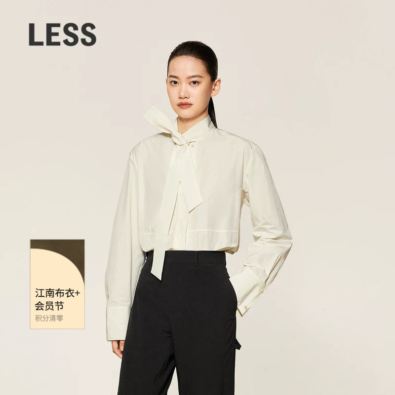 LESS春秋简约衬衫女休闲通勤系带领气质优雅长袖衬衣女2O821