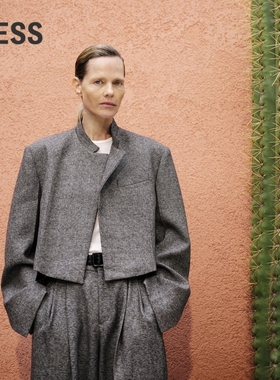 LESS春绵羊毛国风新中式斜交门襟截端气质廓形立领西装2O2713580