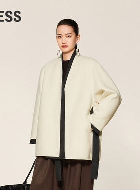 LESS冬季两件套毛呢大衣女无领系带气质高级感套装外套2O0H20370