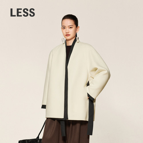 LESS冬季两件套毛呢大衣女无领系带气质高智感套装外套2O0H20370
