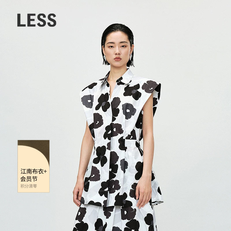 LESS夏季度假风印花衬衫女艺术感宽肩全棉撞色无袖上衣2P621