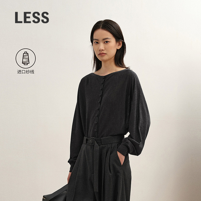 LESS一字领薄款开襟针织衫女简约意大利羊毛蝙蝠袖上衣2P0315980