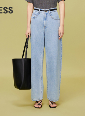 LESS春水洗蓝赛络纺纱全棉复古微锥无束宽松阔腿牛仔裤2O2E11590