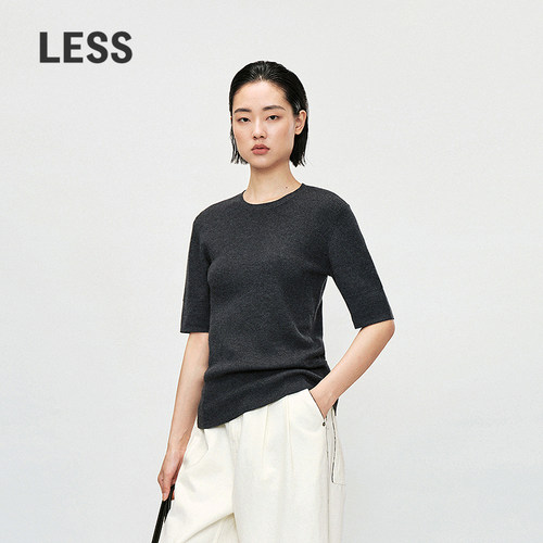 LESS春软糯简约气质T恤上衣短袖修身圆领套头羊绒衫女2P2310480