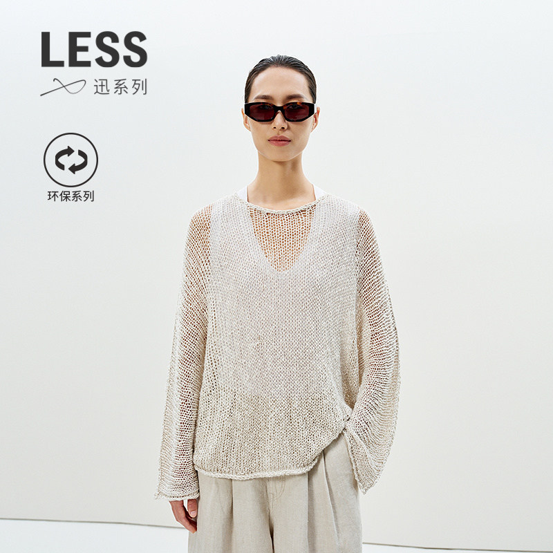 LESS棉麻套头圆领镂空针织衫女