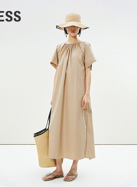 LESS夏季圆领短袖连衣裙女全棉廓形慵懒风宽松长款裙子2P6G13980
