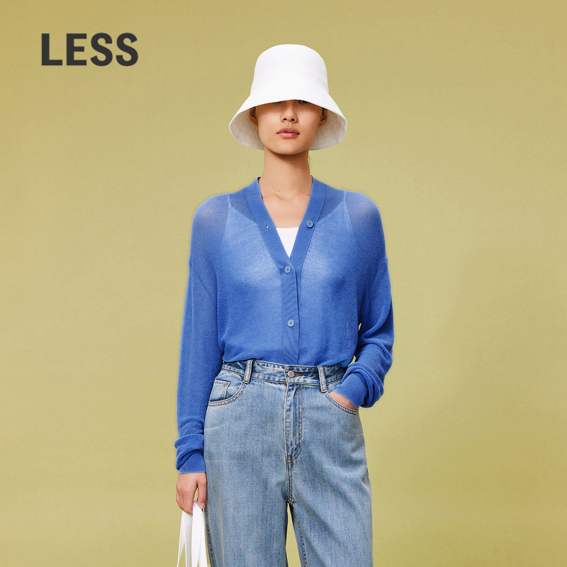 LESS春夏休闲短款V领长袖开襟毛衫女日常连身袖空调衫2O531