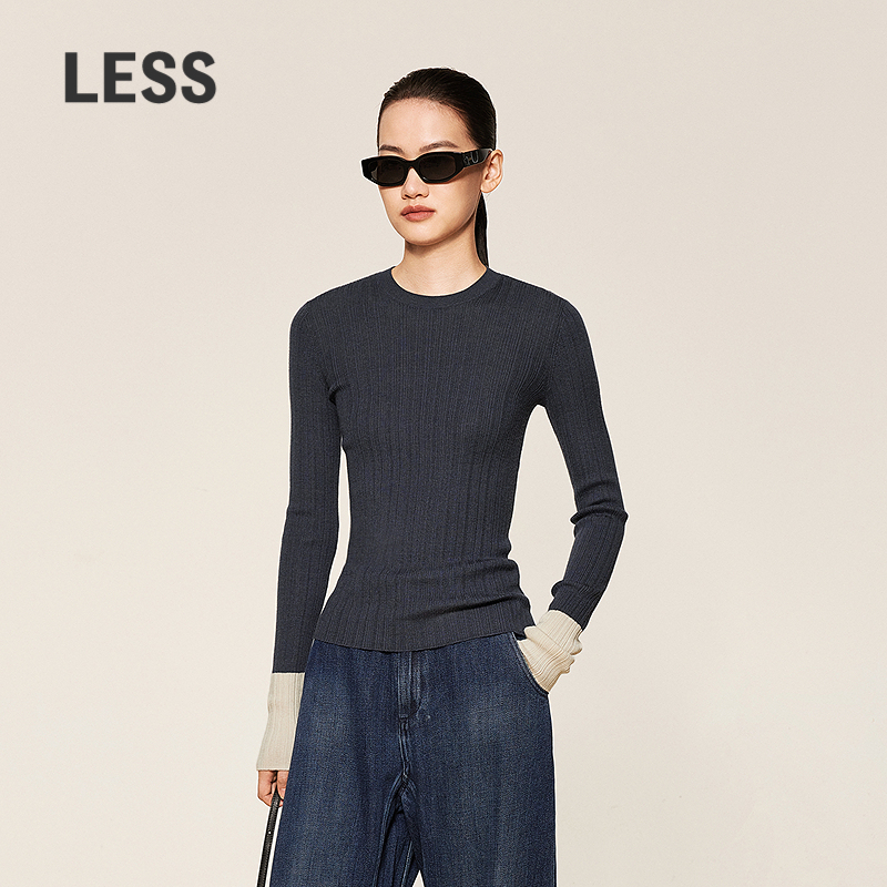LESS春秋简约套头撞色打底衫女修身圆领长袖套头针织衫2O9311320