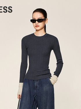 LESS春秋简约套头撞色打底衫女修身圆领长袖套头针织衫2O9311320