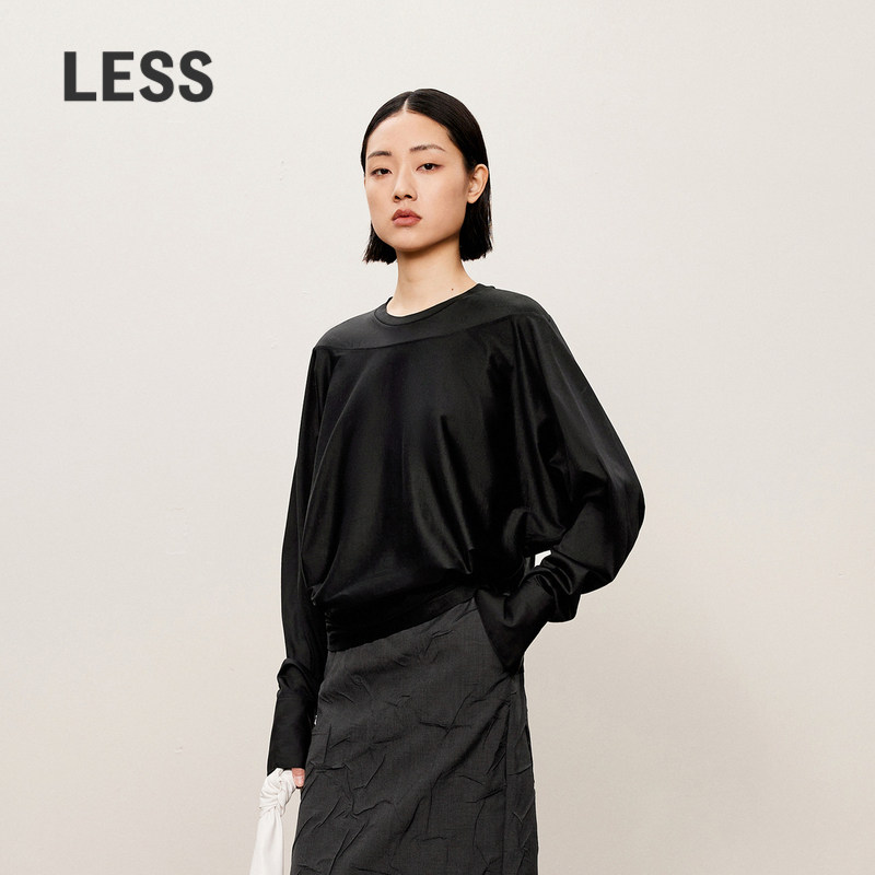 LESS春秋拼接上衣女设计感落肩蝙蝠袖宽松圆领长袖T恤2O711