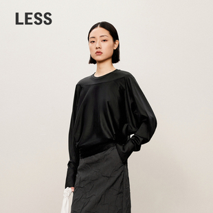LESS春秋拼接上衣女设计感落肩蝙蝠袖 T恤2O7110290 宽松圆领长袖