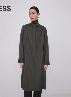LESS春丝羊毛薄呢风衣式正肩小立领通勤收腰长款连衣裙2O1G14040