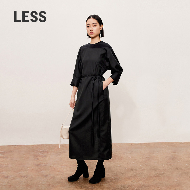 LESS系带收腰连衣裙春秋通勤黑精纺休闲圆领七分袖长裙2O7G1