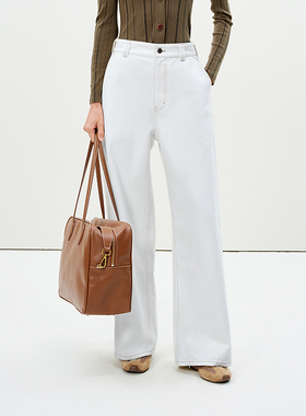 LESS春微喇时尚直筒长裤通勤休闲阔腿白色高腰牛仔裤女2P2E14250