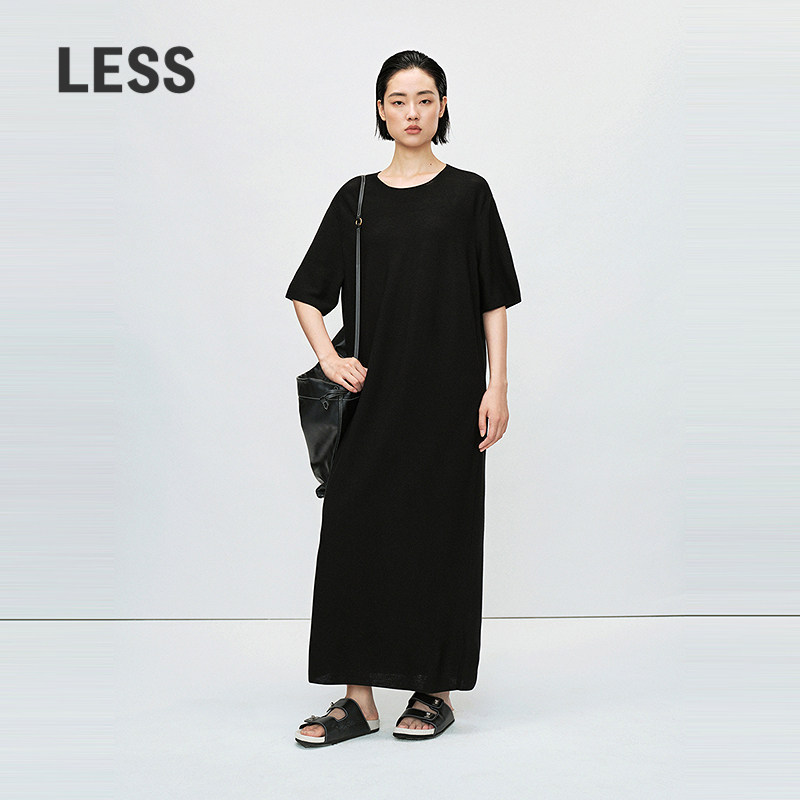 LESS春夏绵羊毛短袖连衣裙女圆领休闲百搭垂感长款裙子2P4G1