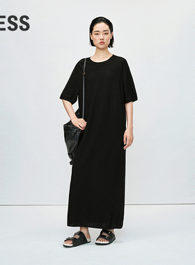 LESS春夏绵羊毛短袖连衣裙女圆领休闲百搭垂感长款裙子2P4G10470