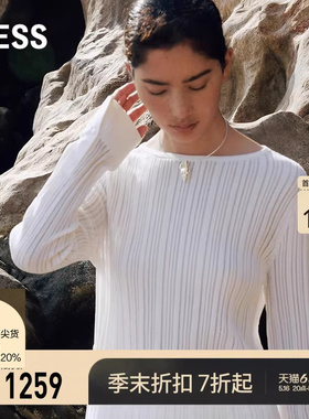 LESS春一字领镂空棉质上衣简约舒适修身套头针织衫女2P3313710