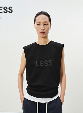 LESS夏季垫肩背心全棉简约圆领胶印logo休闲无袖T恤女2P4113150