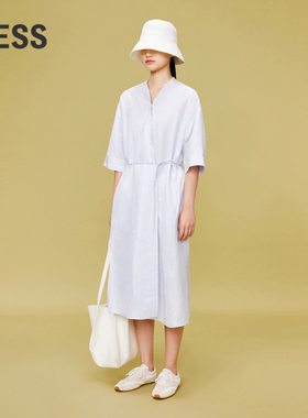 LESS夏季通勤气质V领系带长裙丝麻平纹设计感短袖连衣裙2O6G11060