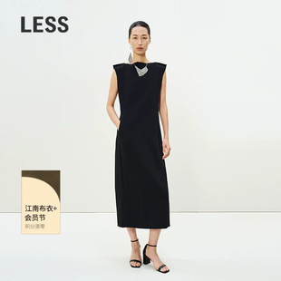 LESS夏季一字领连衣裙通勤气质宽肩收腰后开衩无袖长裙2P4G13260