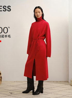 【商场同款】LESS2025冬新款美丽诺红色长袖毛衫连衣裙2PBG18680