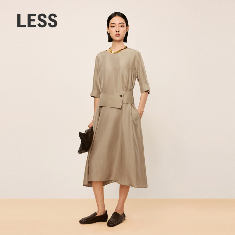 LESS春夏气质桑蚕真丝休闲通勤垂感中长简约中袖连衣裙2O6G1