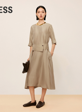 LESS春夏气质桑蚕真丝休闲通勤垂感中长简约中袖连衣裙2O6G1393H