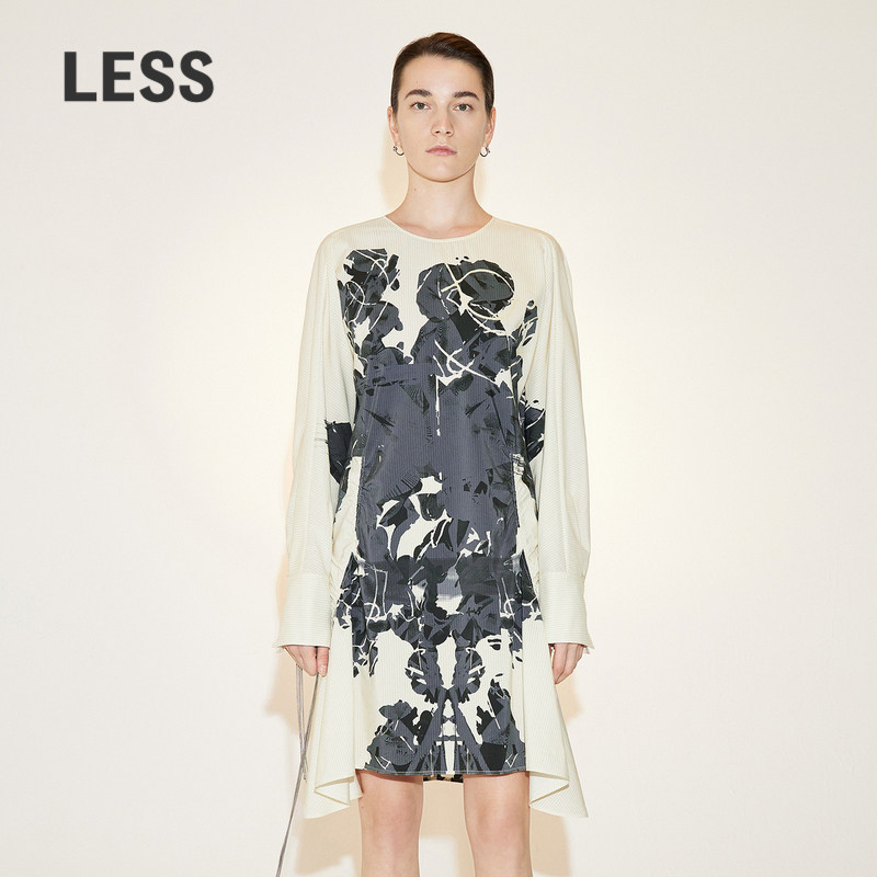 【精工系列】LESS印花气质下摆不规则小众长袖T恤连衣裙2N7G
