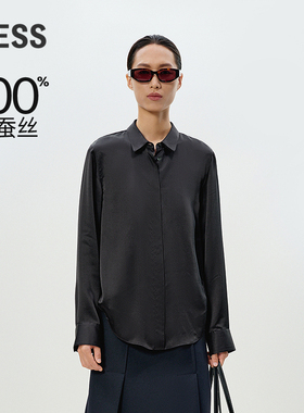 LESS春季6A桑蚕真丝衬衣女黑色通勤百搭简约长袖衬衫2P1211090