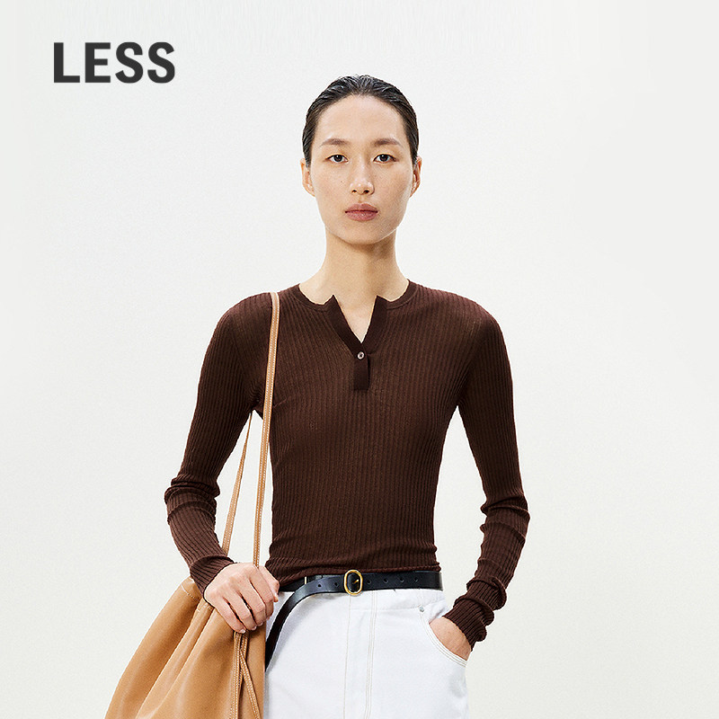 LESS春夏亨利领薄款针织衫女休闲坑条修身百搭套头上衣2P431