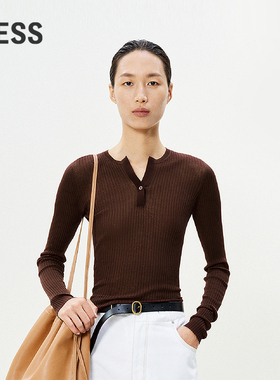 LESS春夏亨利领薄款针织衫女休闲坑条修身百搭套头上衣2P4311540