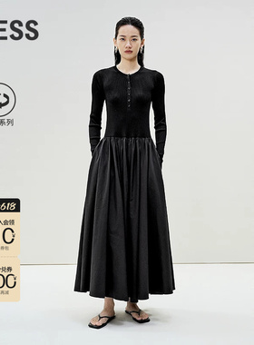 LESS春季针织拼接连衣裙女赫本风黑色圆领长款显瘦裙子2P3G12850