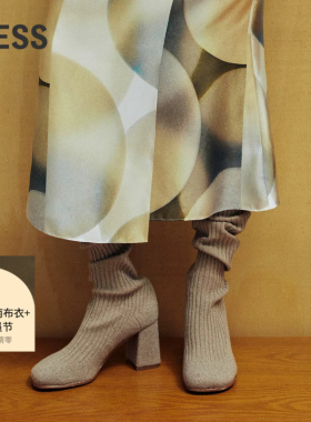 LESS时尚优雅女式长筒靴女复古时髦高跟绒毛鞋子3O9M14240