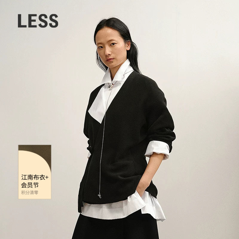 LESS冬新中式斜襟领绵羊毛中长款开襟针织衫2P0316770
