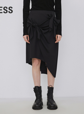 LESS春秋腰裙女气质优雅立体蝴蝶结不对称黑色半身裙2N8D11030