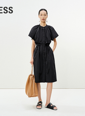 LESS夏季假两件短袖连衣裙女全棉收腰宽松黑色显瘦裙子2P5G14080