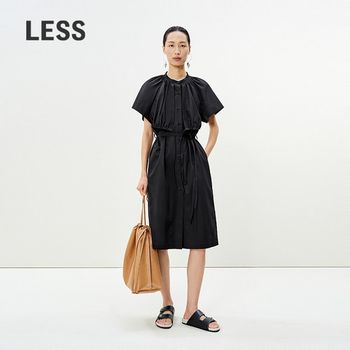 LESS夏季通勤黑收腰短袖连衣裙