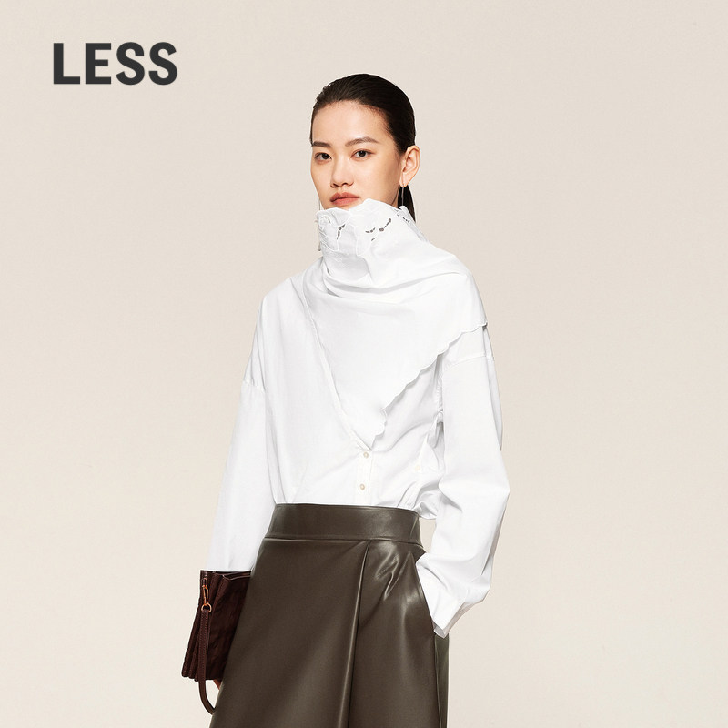 LESS全棉设计感围裹衬衫女春秋宽松V领长袖休闲上衣女2O021