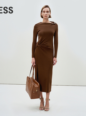 【精工系列】LESS春收腰不对称长裙一字领针织连衣裙2P2G13100