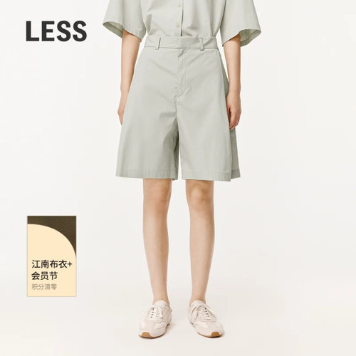 LESS夏季休闲简约阔腿短裤女棉质宽松褶百慕大中裤子女2O5E10740