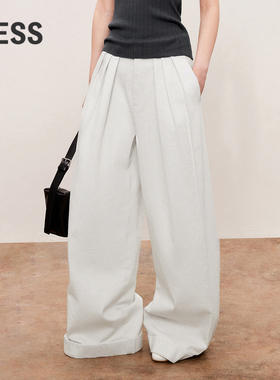 LESS秋叠褶干练阔腿时尚舒适长裤女休闲宽松牛仔伞兵裤2O7E10860