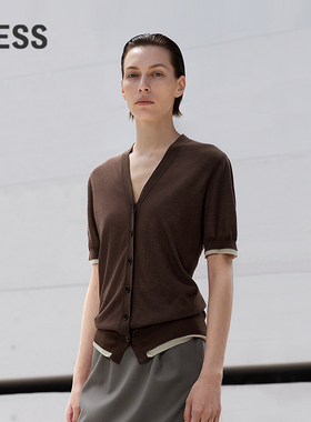 LESS夏假两件V领开衫撞色短袖薄含棉简约舒适针织衫女2P4310390
