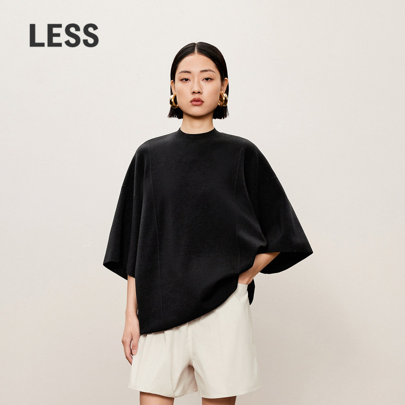 LESS美丽诺羊毛短袖针织衫女圆领休闲廓形宽松百搭上衣2O731