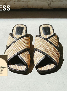 LESS夏季平底休闲凉鞋女复古度假风交叉编织带平底鞋3P4M10120