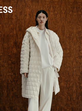 LESS冬季白鸭绒外套女休闲宽松连帽长款轻薄方格羽绒服2N0C20750