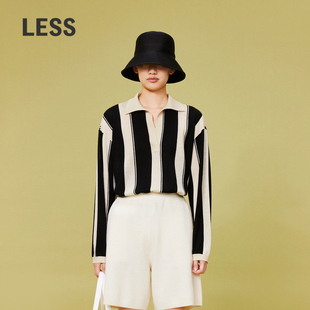 LESS绵羊毛条纹polo针织衫 女撞色V领内搭上衣含山羊绒2O2313960