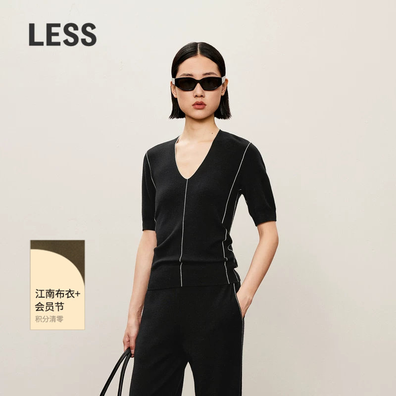 LESS春秋羊毛短袖针织衫女v领薄款修身套头上衣含桑蚕丝2O83