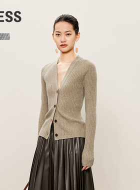 LESS修身V领长袖开衫女春秋复古奶奶衫坑条螺纹针织衫2O9312300