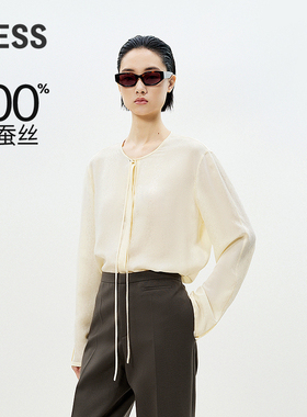 LESS春季桑蚕真丝提花衬衫女气质圆领系带垂感长袖上衣2P1211050